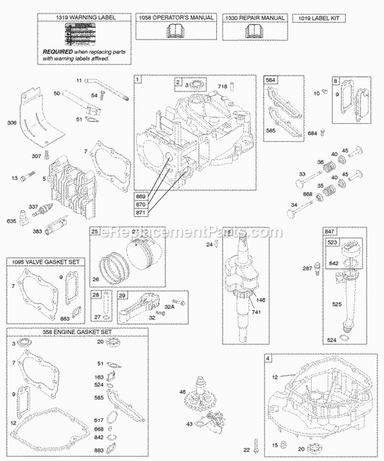 Cams Crankshaft Cylinder Engine Sump KitGaskets Lubrication Piston Group Valves Diagram and Parts List for 12W802-1774-B1  Briggs and Stratton Engine